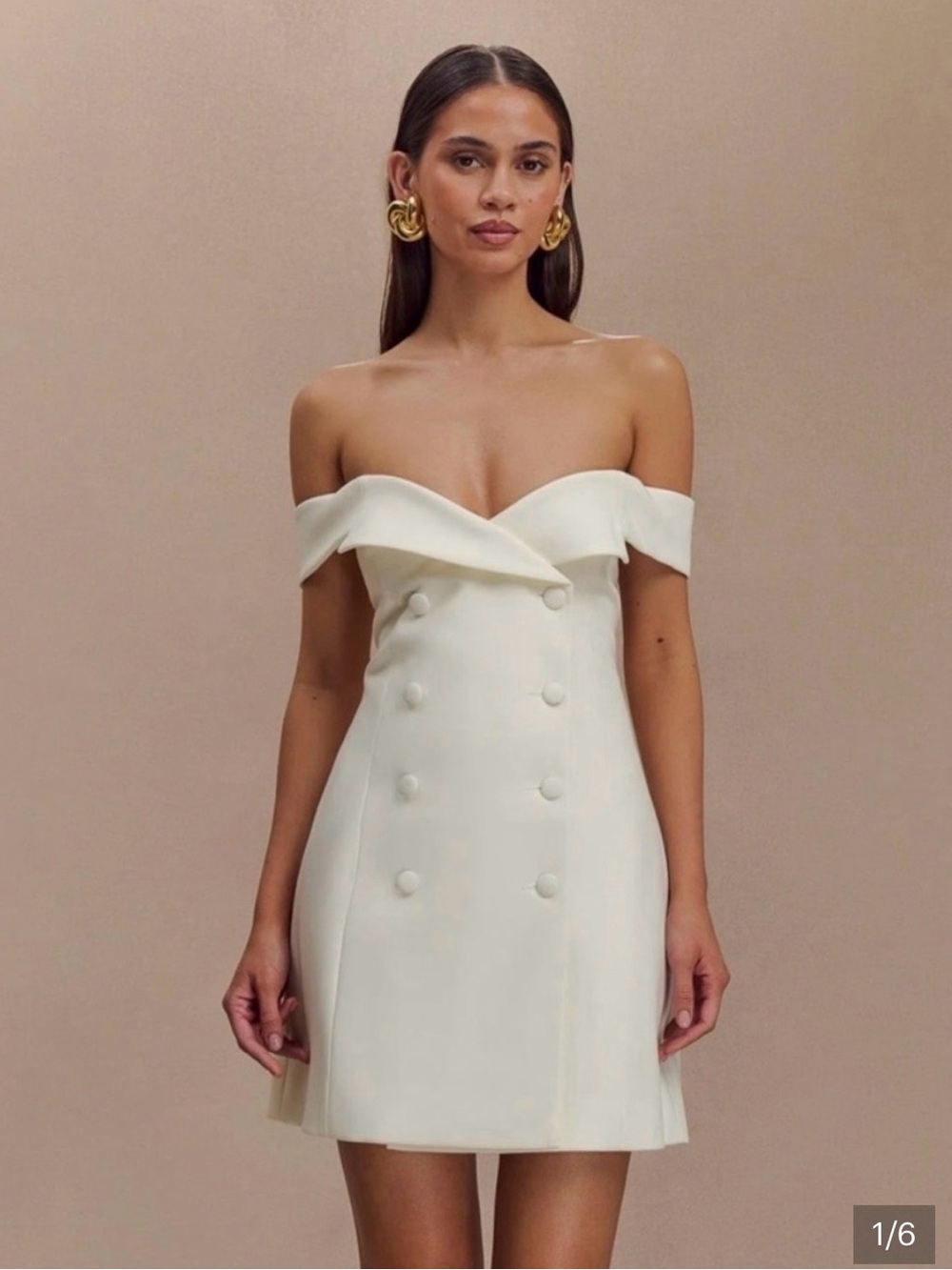 Meshki Cream Off-Shoulder Double-Breasted Strapless Mini Dress